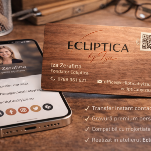 card de vizită digital premium din lemn – transfer instant de contact și imagine profesională